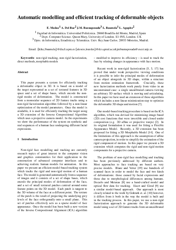 (PDF) Automatic Modelling and Efficient Tracking of Deformable Objects