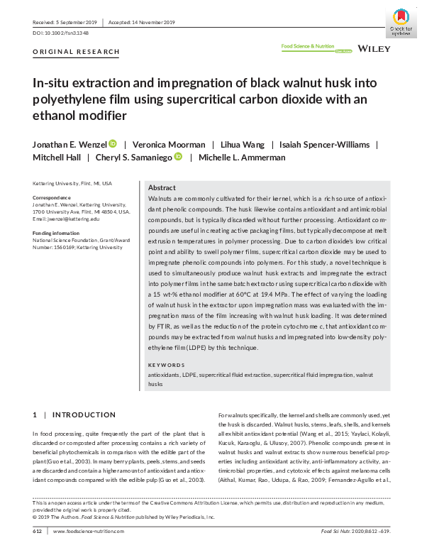 In‐situ extraction and impregnation of black walnut husk into polyethylene film using supercritical carbon dioxide with an ethanol modifier