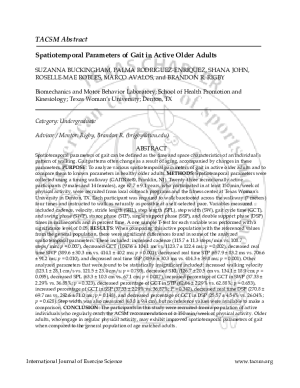 (PDF) Spatiotemporal Parameters of Gait in Active Older Adults