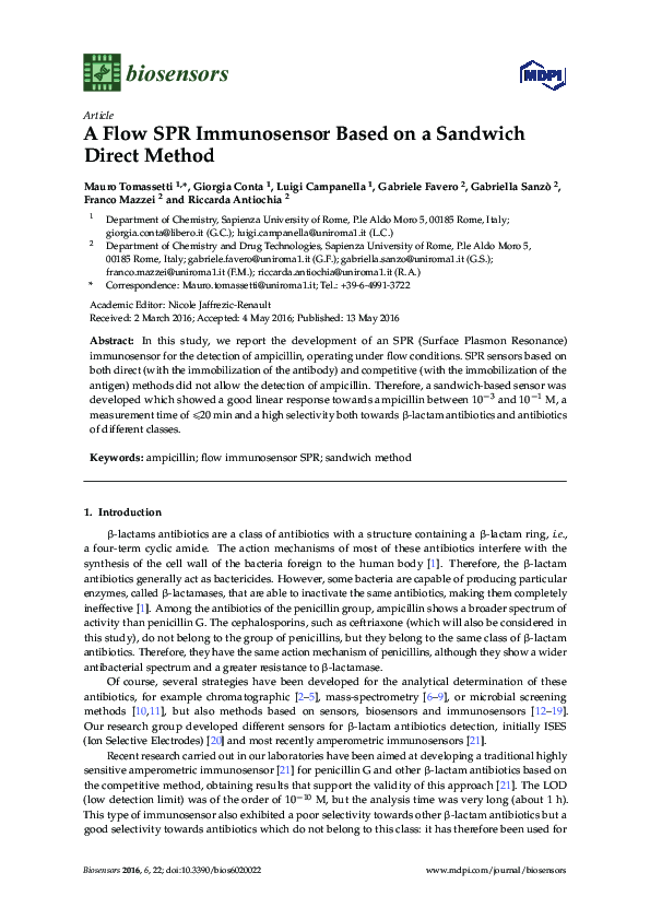 (PDF) A Flow SPR Immunosensor Based on a Sandwich Direct Method
