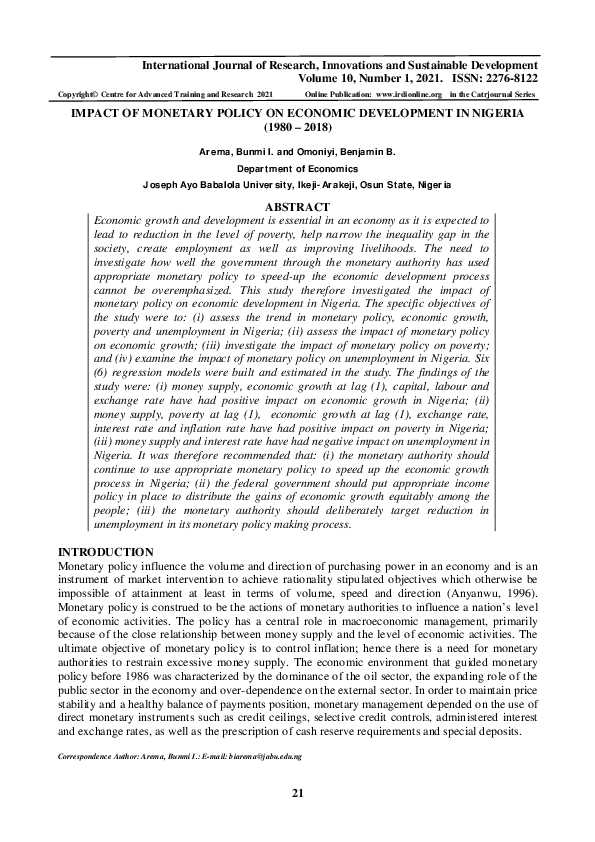 (PDF) IMPACT OF MONETARY POLICY ON ECONOMIC DEVELOPMENT IN NIGERIA ...