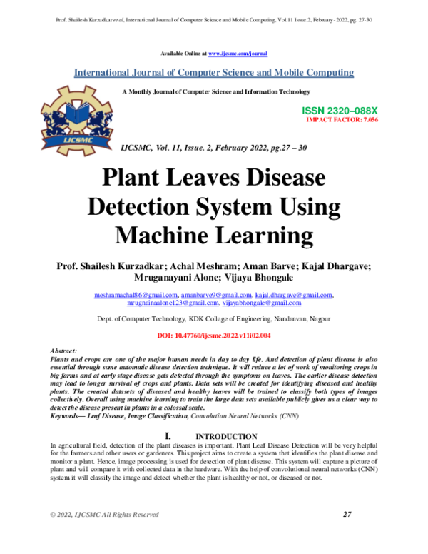 (PDF) Plant Leaves Disease Detection System Using Machine Learning