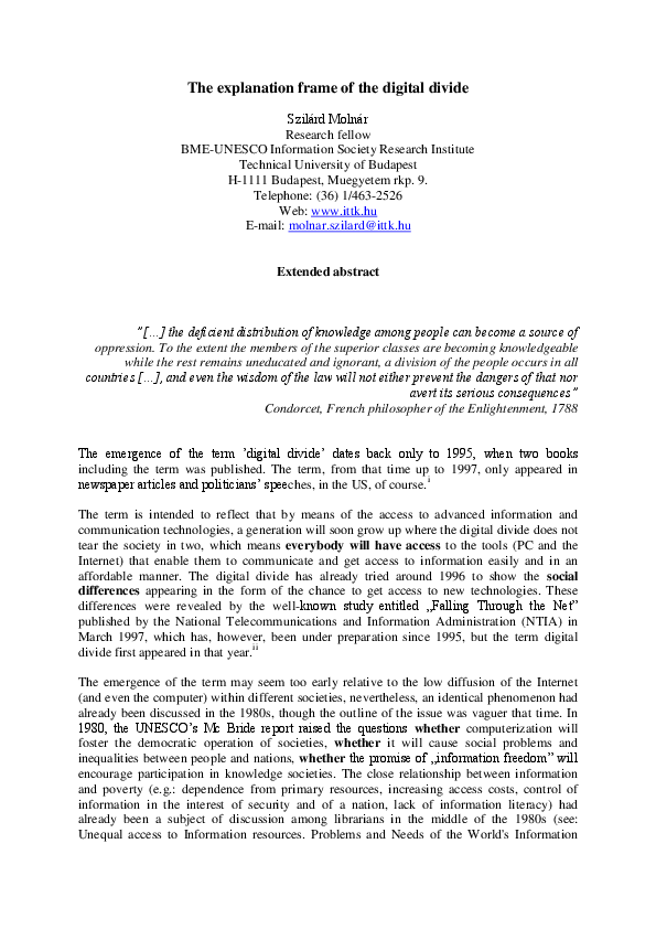 (PDF) The explanation frame of the digital divide Szilárd Molnár