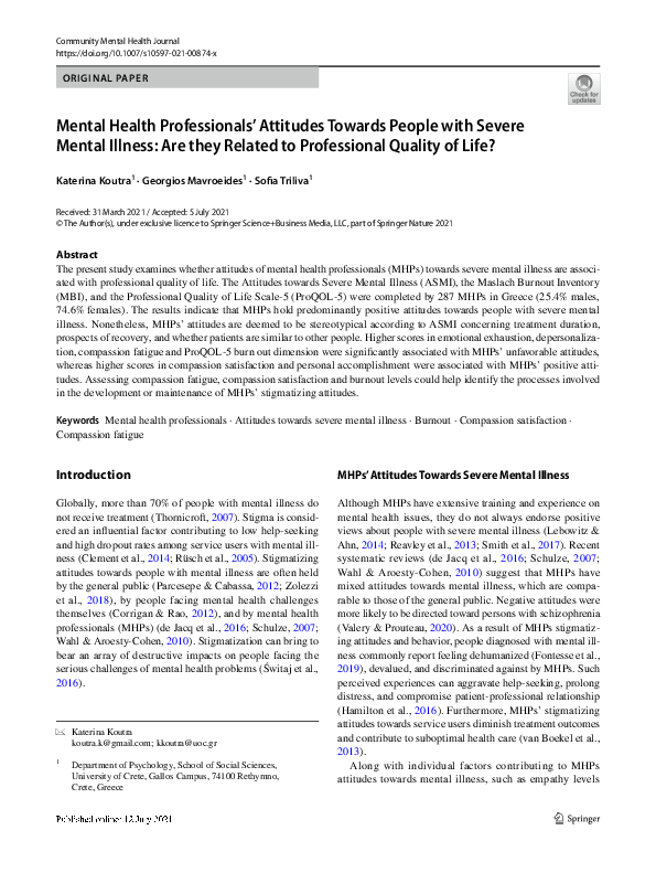 (PDF) Mental Health Professionals’ Attitudes Towards People with Severe ...