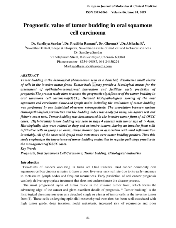 (PDF) Prognostic value of tumor budding in oral squamous cell carcinoma