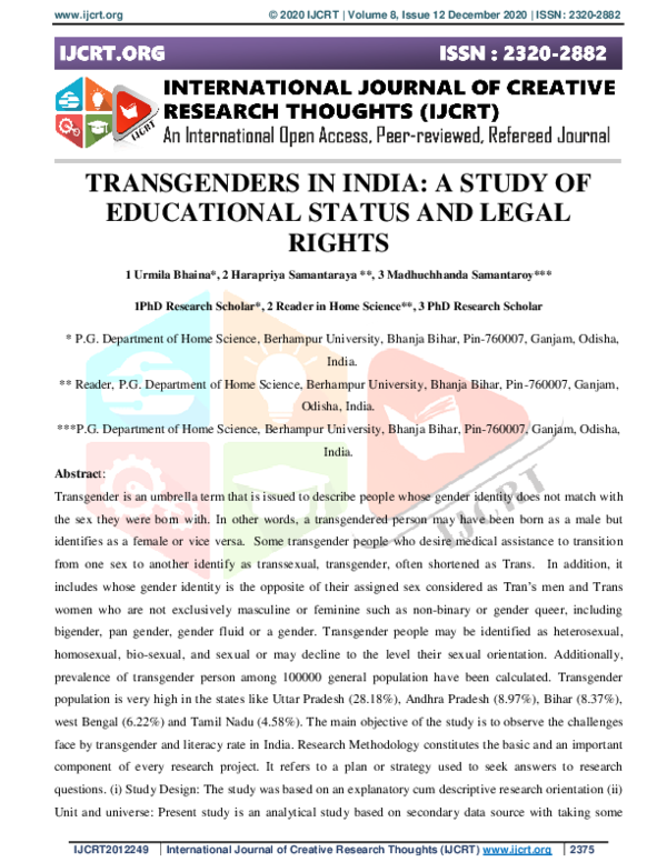 (PDF) TRANSGENDERS IN INDIA: A STUDY OF EDUCATIONAL STATUS AND LEGAL RIGHTS