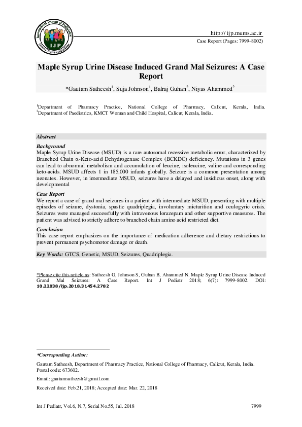 (PDF) Maple Syrup Urine Disease Induced Grand Mal Seizures: A Case Report