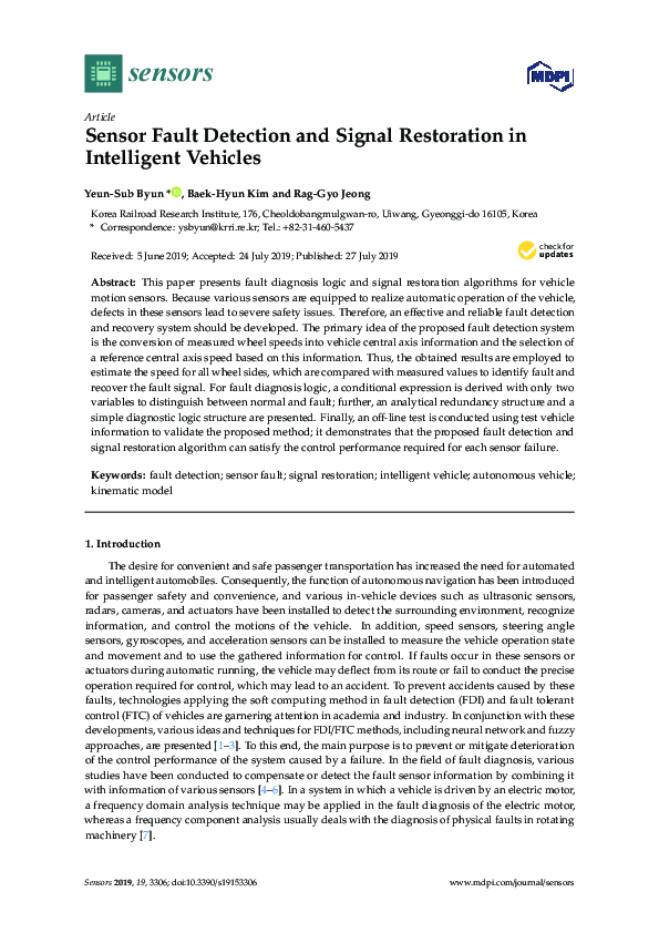 (PDF) Sensor Fault Detection and Signal Restoration in Intelligent Vehicles