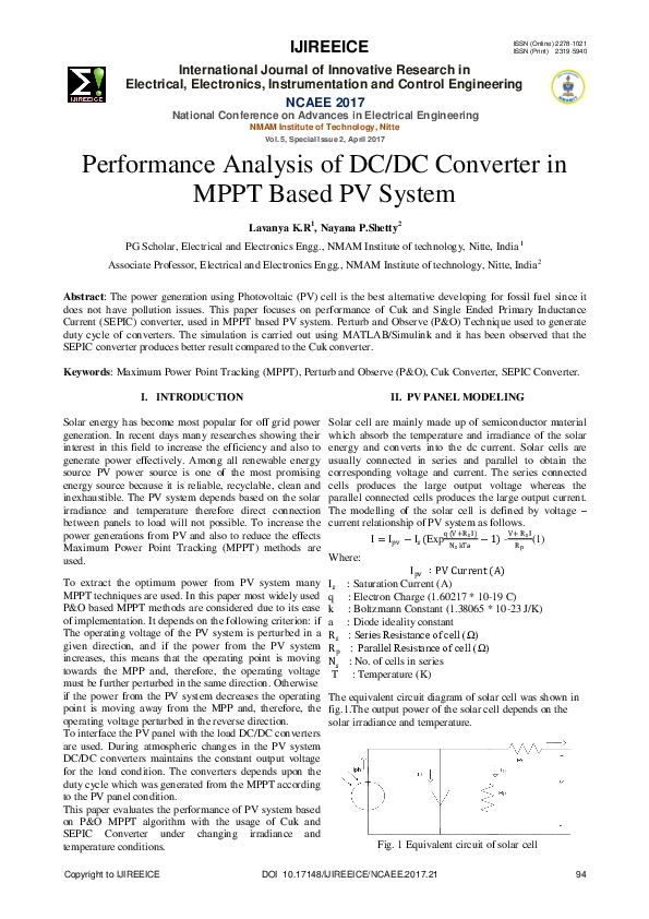 (PDF) Performance Analysis of DC/DC Converter in MPPT Based PV System