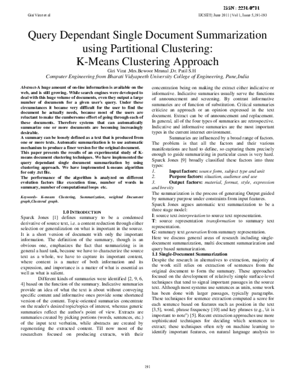 (PDF) Query Dependant Single Document Summarization using Partitional ...