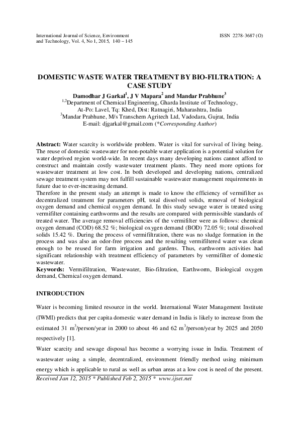 (PDF) Domestic Waste Water Treatment by BioFiltration A Case