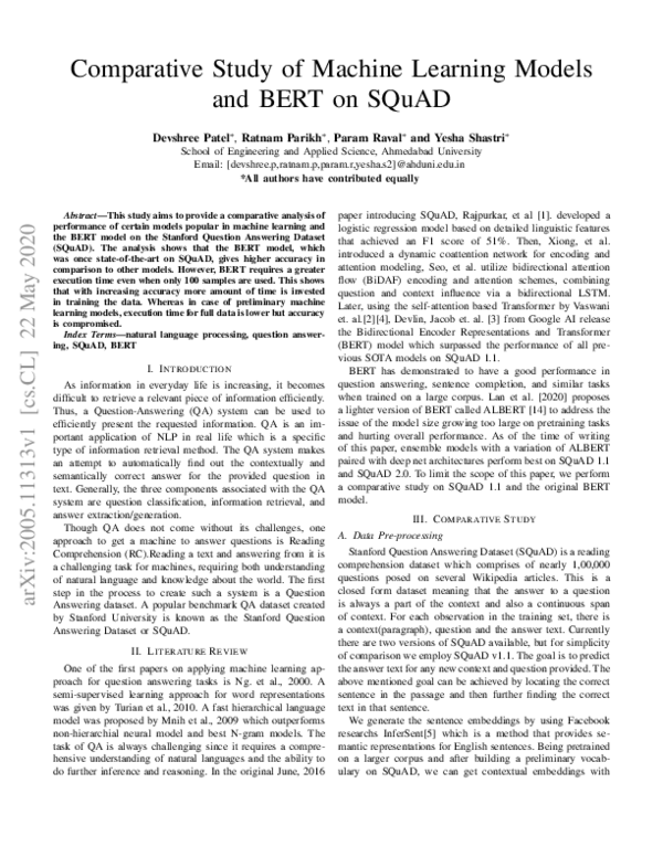 (PDF) Comparative Study of Machine Learning Models and BERT on SQuAD