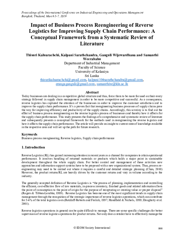 (PDF) Impact of Business Process Reengineering of Reverse Logistics for ...