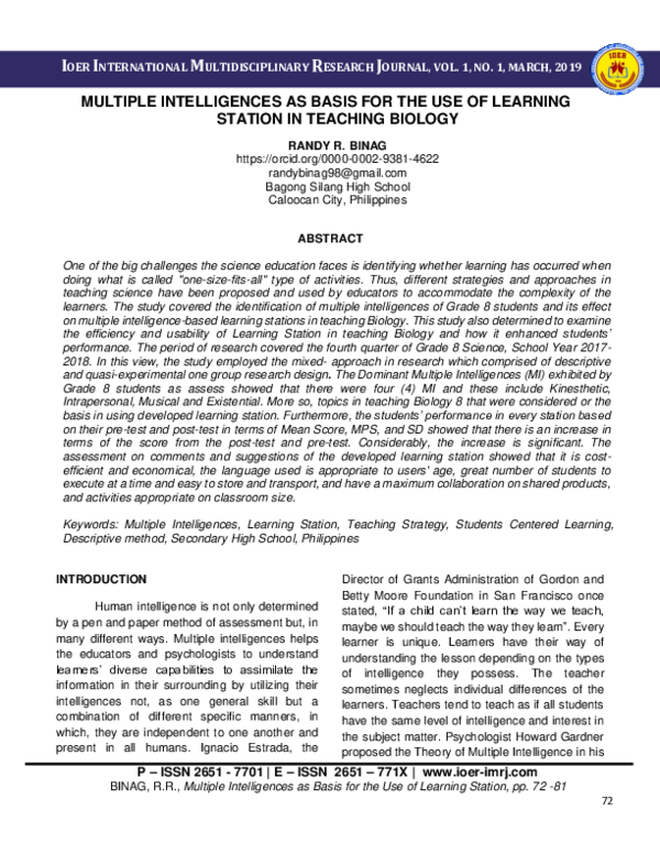 (PDF) Multiple Intelligences as Basis for the Use of Learning Station ...
