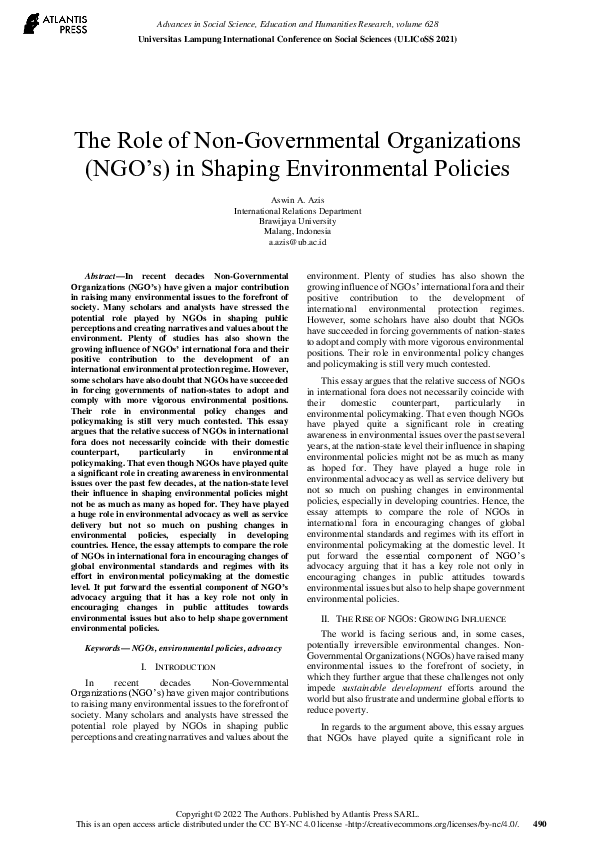 (PDF) The Role of Non-Governmental Organizations (NGO’s) in Shaping ...