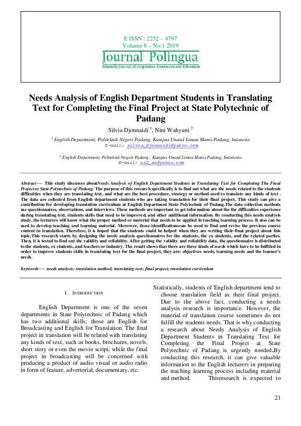 (PDF) Needs Analysis of English Department Students in Translating Text ...