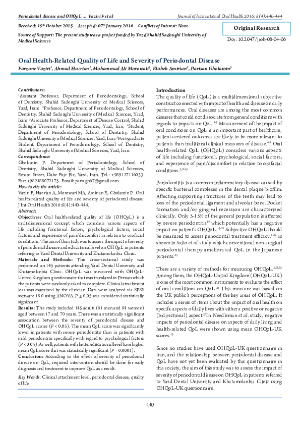 (PDF) Oral Health-Related Quality of Life and Severity of Periodontal ...