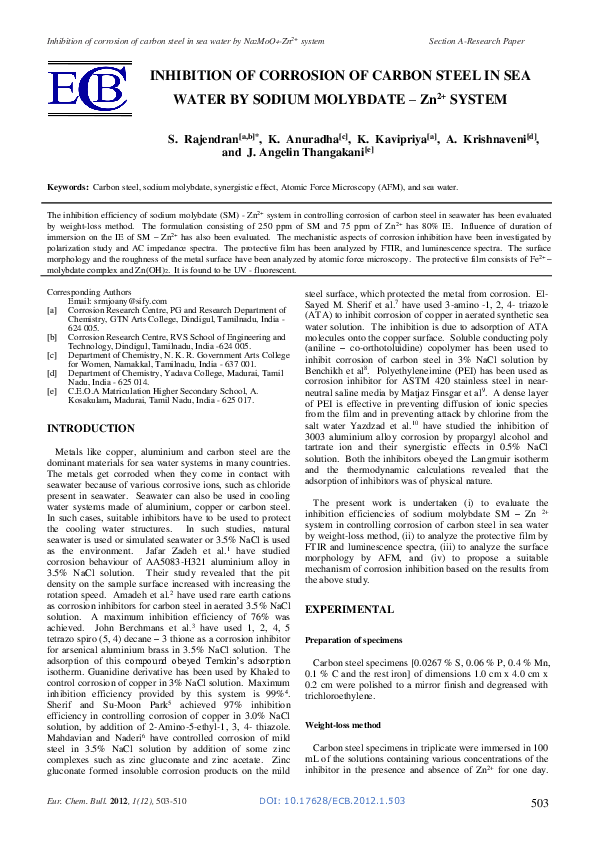 (PDF) Inhibition of Corrosion of Carbon Steel in Sea Water by Sodium ...