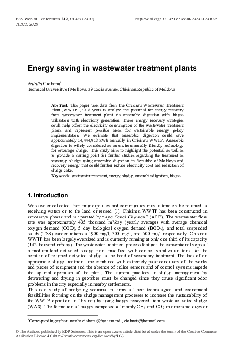 (PDF) Energy saving in wastewater treatment plants