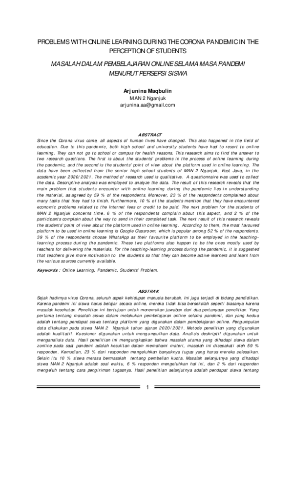 (PDF) Problems of Online Learning During Pandemic arjunina maqbulin