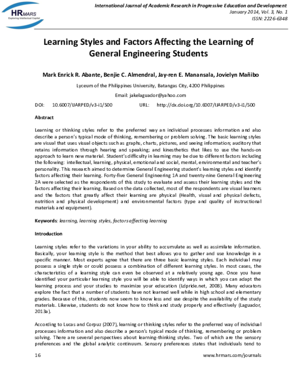 (PDF) Learning Styles and Factors Affecting the Learning of General ...