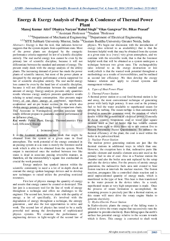 (PDF) Energy & Exergy Analysis of Pumps & Condenser of Thermal Power Plant
