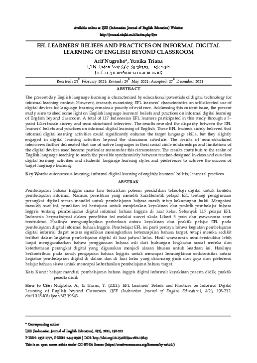 (PDF) EFL Learners’ Beliefs and Practices on Informal Digital Learning ...