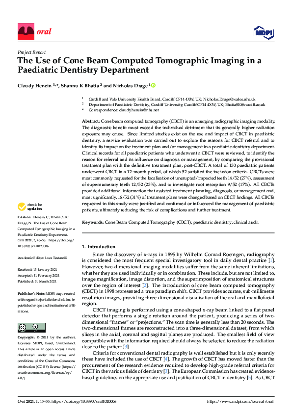(PDF) The Use of Cone Beam Computed Tomographic Imaging in a Paediatric ...