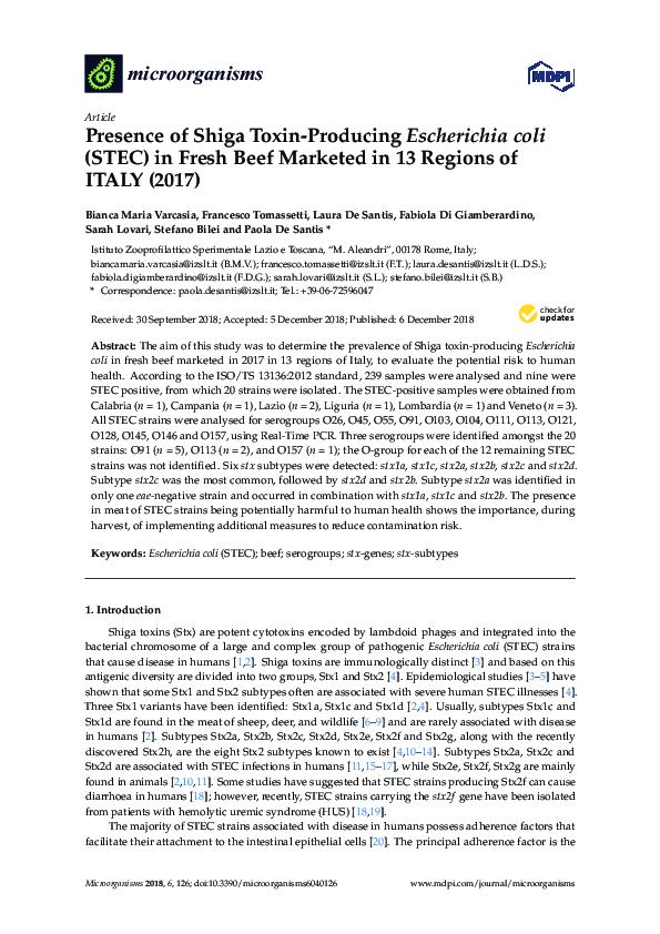(PDF) Presence of Shiga toxin-producing Escherichia coli O157:H7 in ...