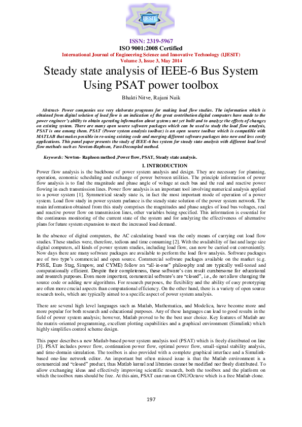 (PDF) Steady state analysis of IEEE6 Bus System Using PSAT power toolbox Rajani Naik