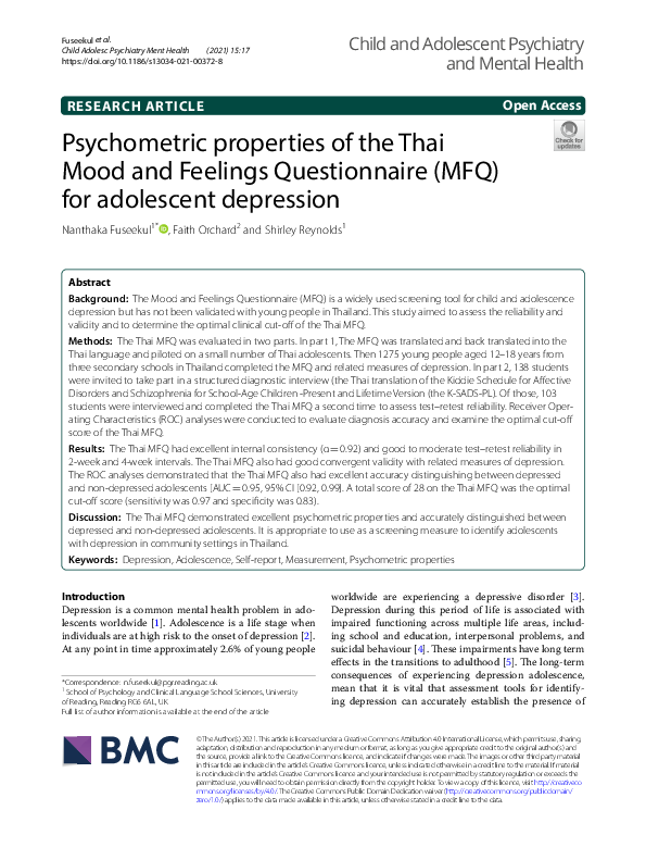 (PDF) Psychometric properties of the Thai Mood and Feelings ...