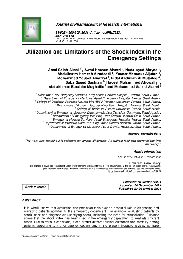 (PDF) Utilization and Limitations of the Shock Index in the Emergency ...