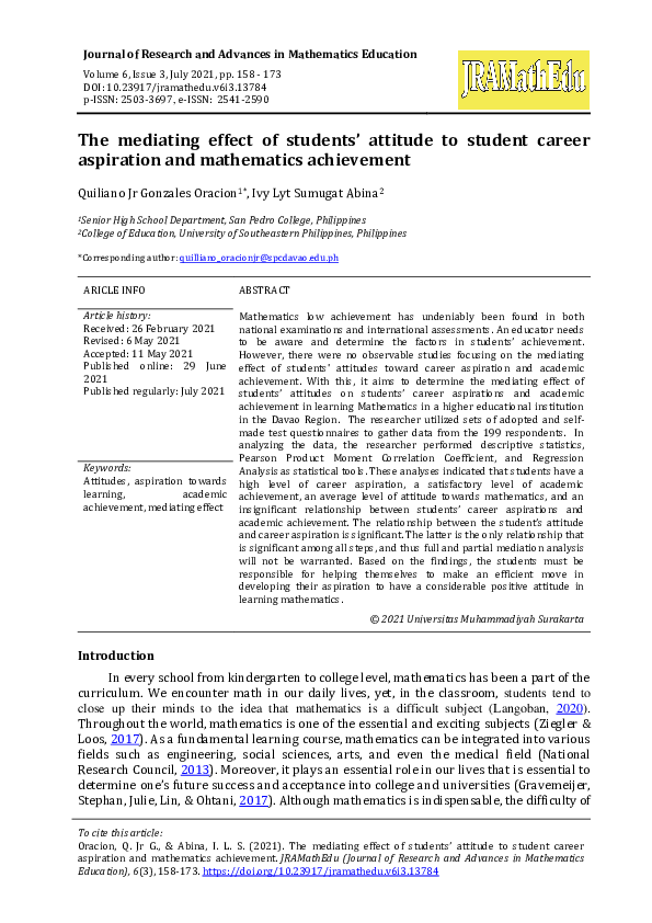 (PDF) The mediating effect of students’ attitude to student career ...