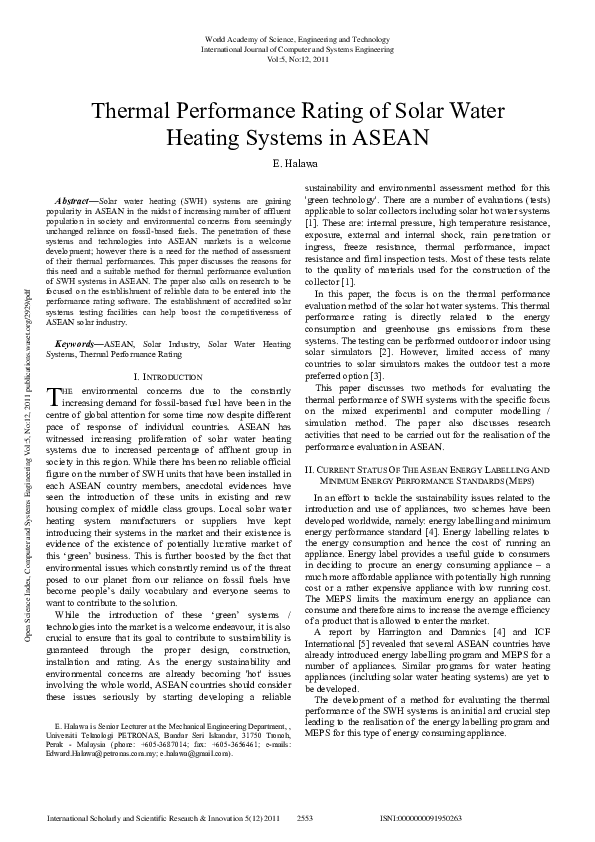(PDF) Thermal Performance Rating of Solar Water Heating Systems in ASEAN