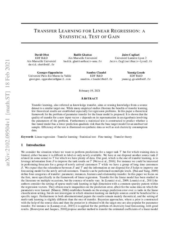 (PDF) Transfer Learning for Linear Regression: a Statistical Test of Gain