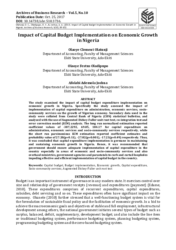 (PDF) Impact Of Capital Budget Implementation On Economic Growth In Nigeria