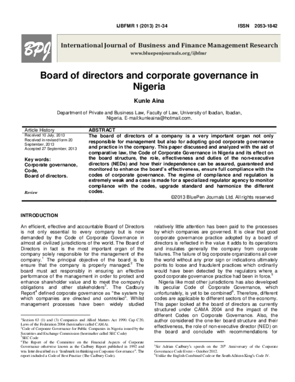 (PDF) Board of directors and corporate governance in Nigeria