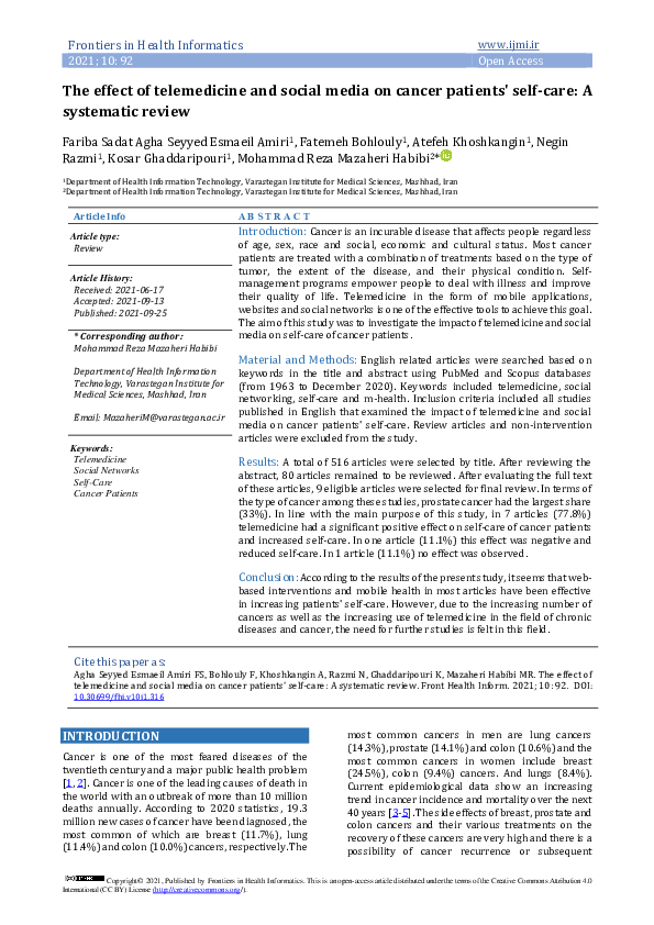 (PDF) The Effect of Telemedicine and Social Media on Cancer patients ...