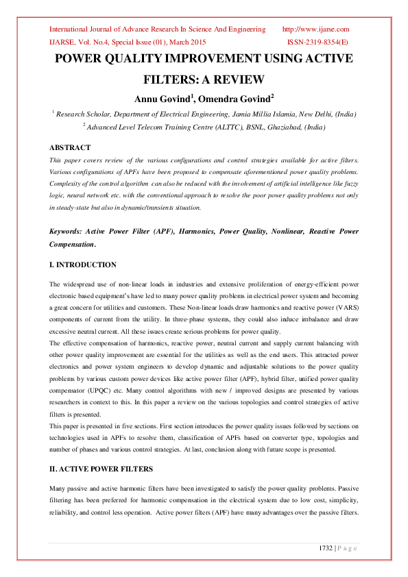 (PDF) Power Quality Improvement Using Active Filters: A Review