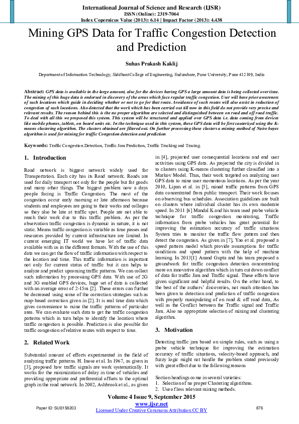 (PDF) Mining GPS Data for Traffic Congestion Detection and Prediction