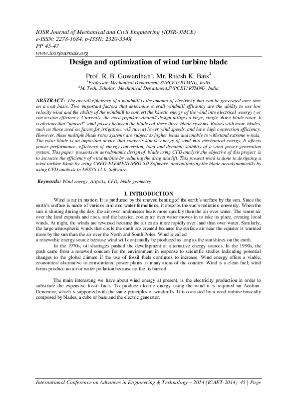 (PDF) Design and optimization of wind turbine blade