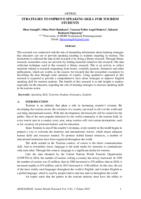 (PDF) Strategies to Improve Speaking Skill for Tourism Students