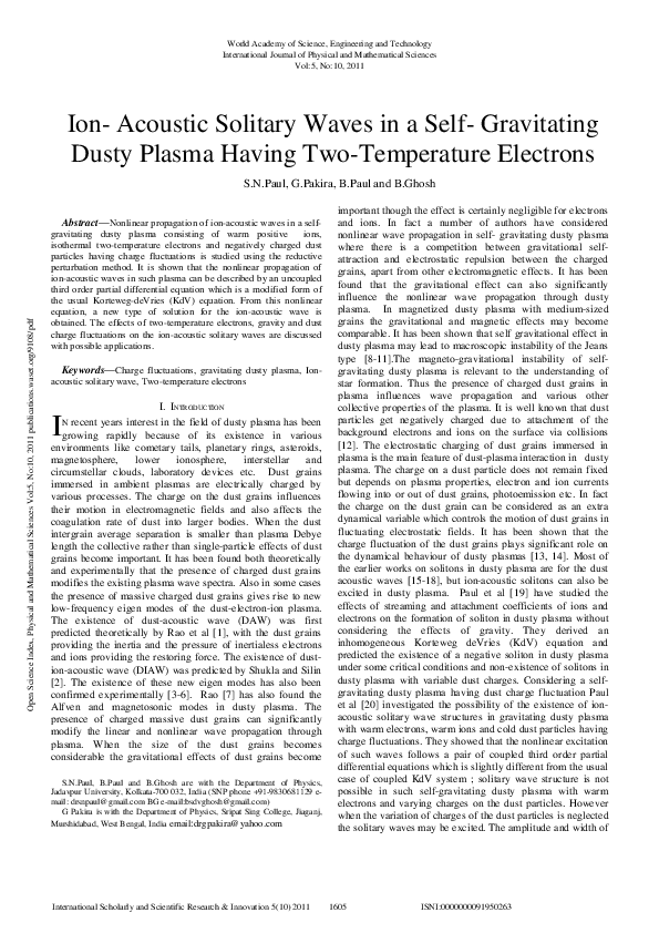 (PDF) Ion- Acoustic Solitary Waves in a Self- Gravitating Dusty Plasma ...