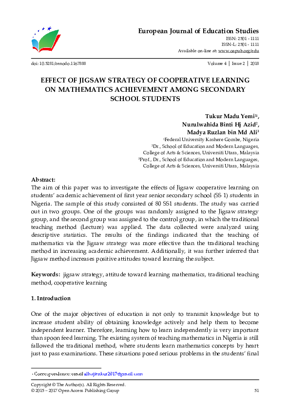 (PDF) Effect of Jigsaw Strategy of Cooperative Learning on Mathematics ...