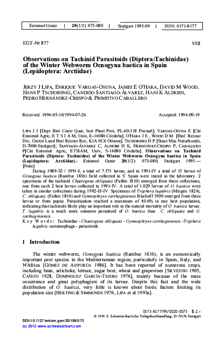 (PDF) Observations on Tachinid Parasitoids (Diptera:Tachinidae) of the ...