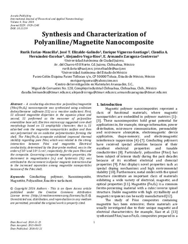 (PDF) Synthesis and Characterization of Polyaniline/Magnetite Nanocomposite