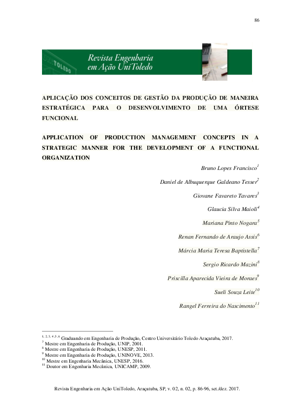 Aplicação Dos Conceitos De Gestão Da Produção De Maneira Estratégica Para O Desenvolvimento De Uma Órtese Funcional