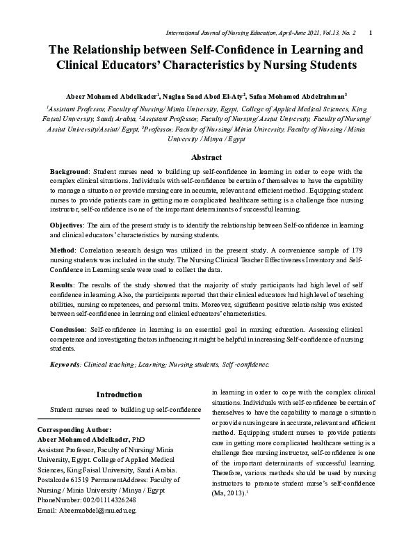 (PDF) The Relationship between Self-Confidence in Learning and Clinical ...