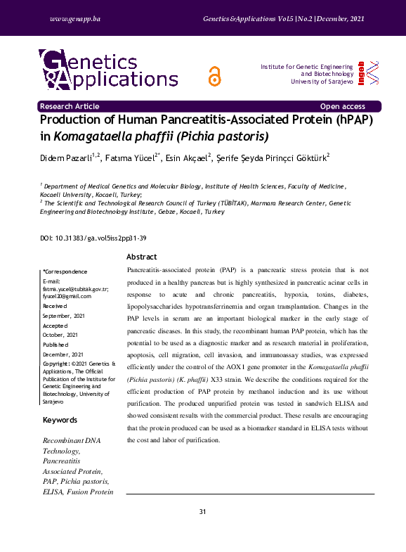 (PDF) Production of Human Pancreatitis-Associated Protein (hPAP) in ...