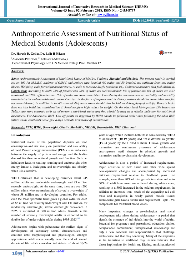 (PDF) Anthropometric Assessment of Nutritional Status of Medical ...